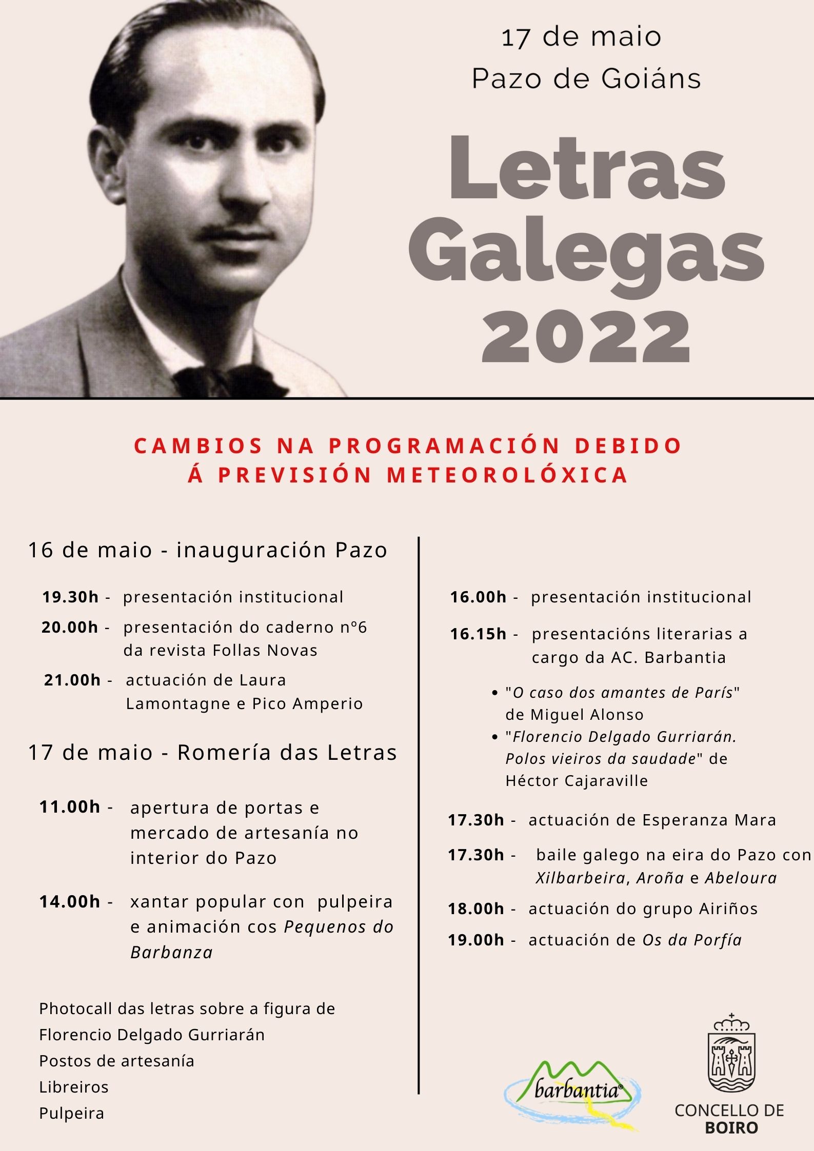 Cambios programación Letras Galegas 2022 | Concello de Boiro 